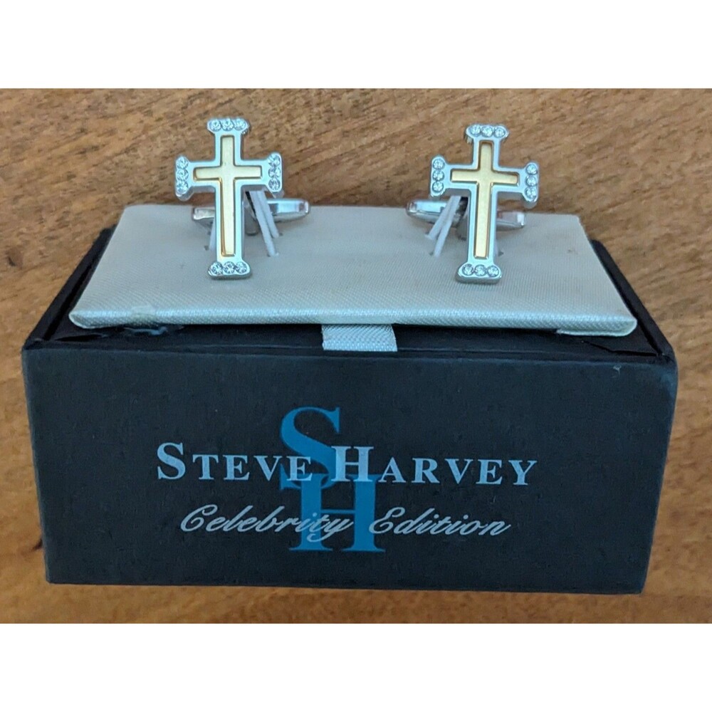 Steve Harvey Cross Design Cufflinks Silver Gold French Cuff Display Box New